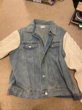 Lauriebelles Boutique POL Light Blue Denim Jacket with Cream Knit Sleeves
